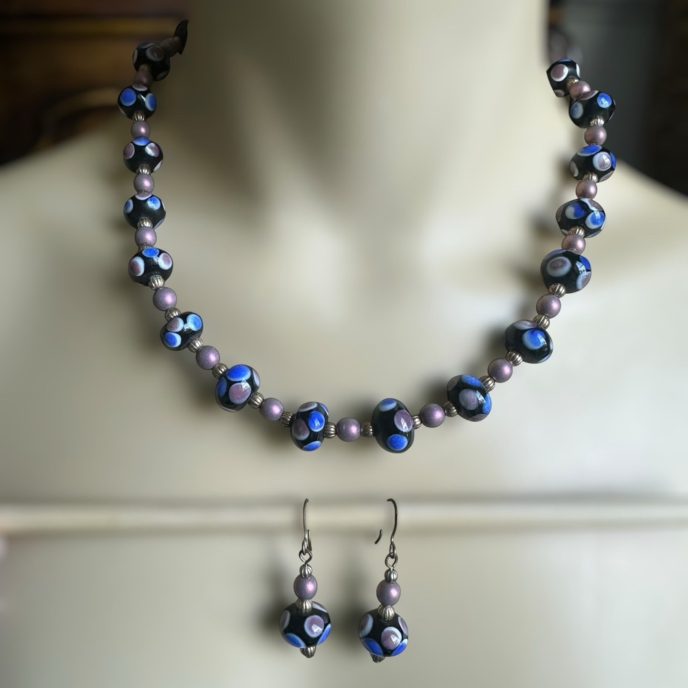 Vintage Artisan Beaded Necklace 18 Inch Match Earrings Set Lampwork‎ Art Glass